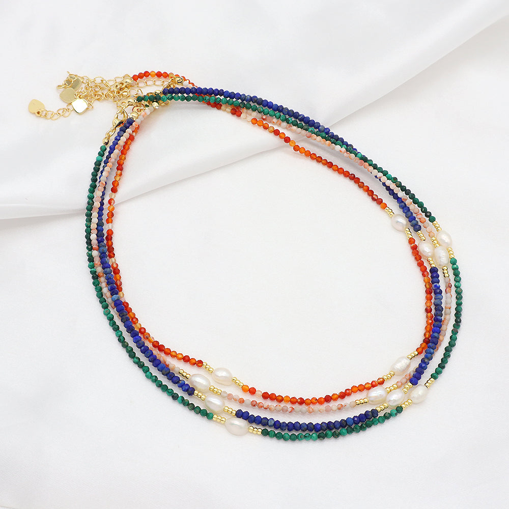 Multi-color Natural Stone Beads With Fresh Water Pearl Handmade Necklace