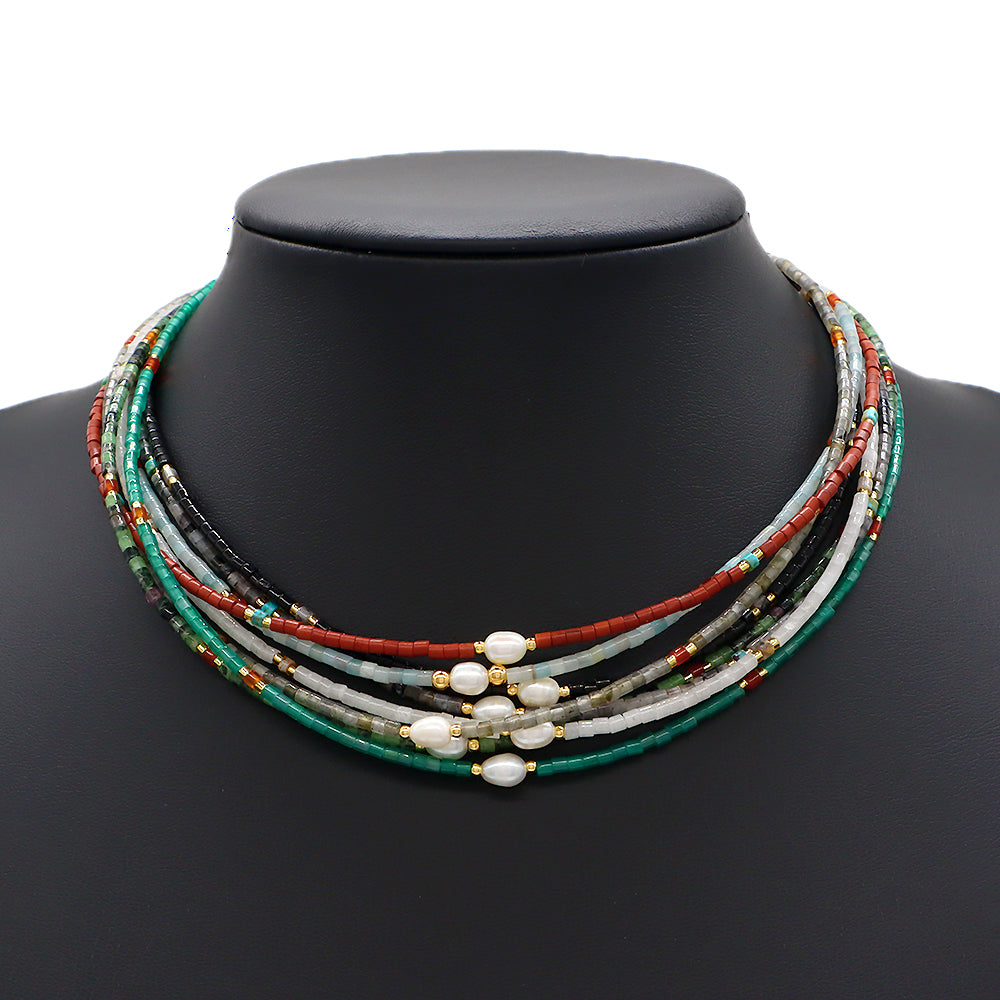 Custom Multi-color Natural Stone Beads Fresh Water PearlHandmade Necklace