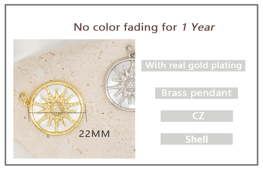 Newest Design Custom Wholesale Women Round Shell Sun Charm Jewelry Necklace Pendant CZ Gold Plated Shells Pendant