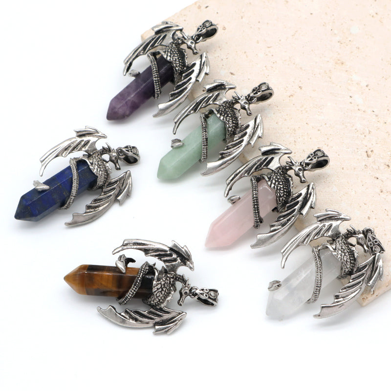 Wholesale Custom Natural Crystal Healing Energy Stone Dragon Charm Jewelry Hexagonal Natural Stone Dragon Pendant For Men Women