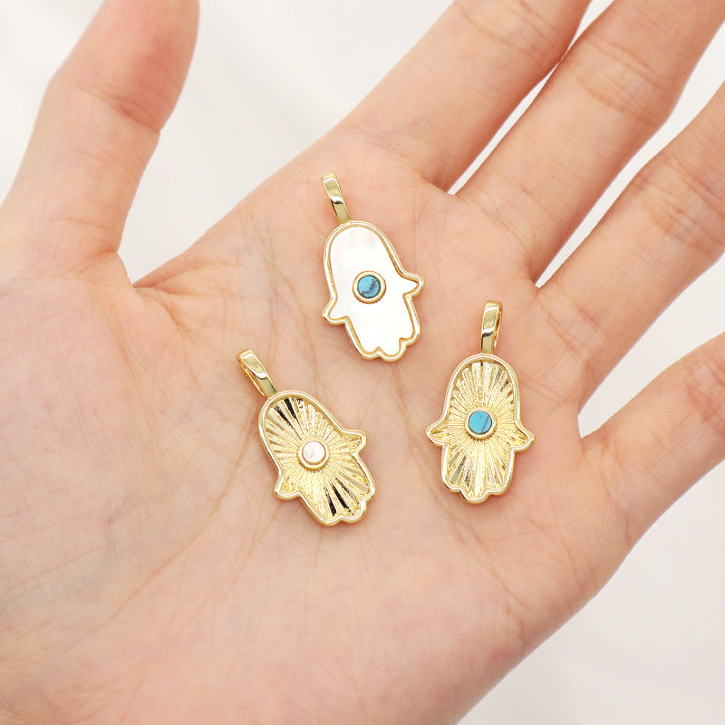 DIY Custom Manufacture China Factory Hand Shape Charm Pendant Jewelry CZ Gold Plated Natural Stone Hamsa Hand Necklace Pendant