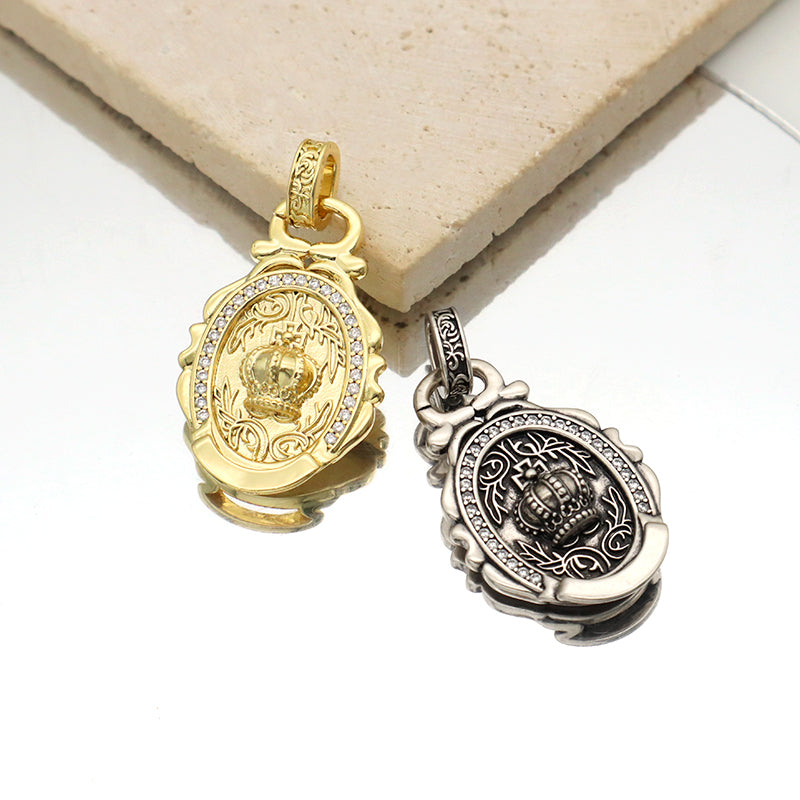 DIY New Design Manufacture Custom Factory Wholesale Women Men Round Charm Jewelry Gold Plated Vintage Crown Pendant For Necklace