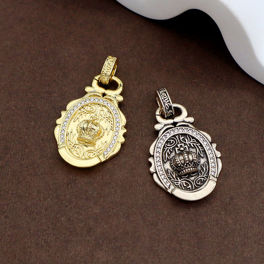 DIY New Design Manufacture Custom Factory Wholesale Women Men Round Charm Jewelry Gold Plated Vintage Crown Pendant For Necklace