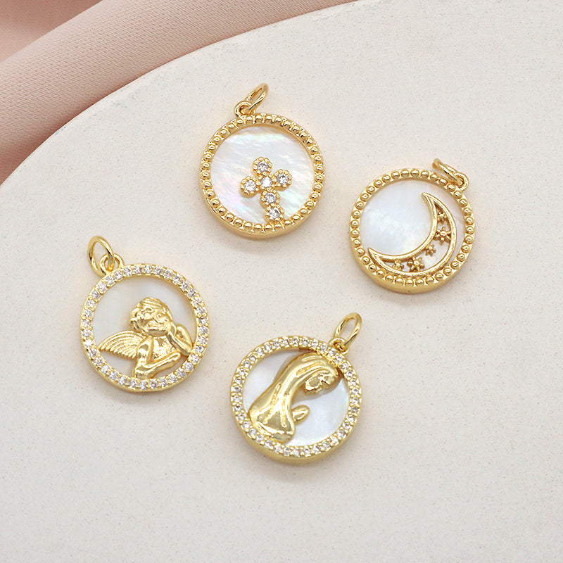 Wholesale Custom New Fashionable China Factory Charm Necklace Pendant CZ Gold Plated Round Shell Moon Pendant For Jewelry