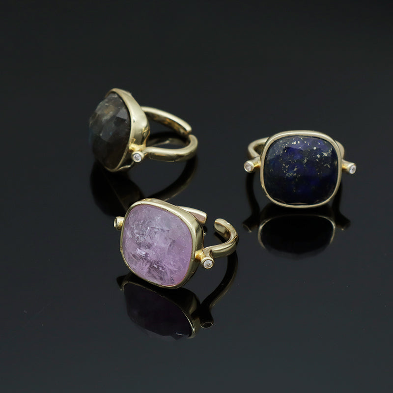 Purple Brown Blue Stone Adjustable Opening Ring Wholesale Custom Women Gold Plated Gemstone Natural Stone Finger Ring For Gift