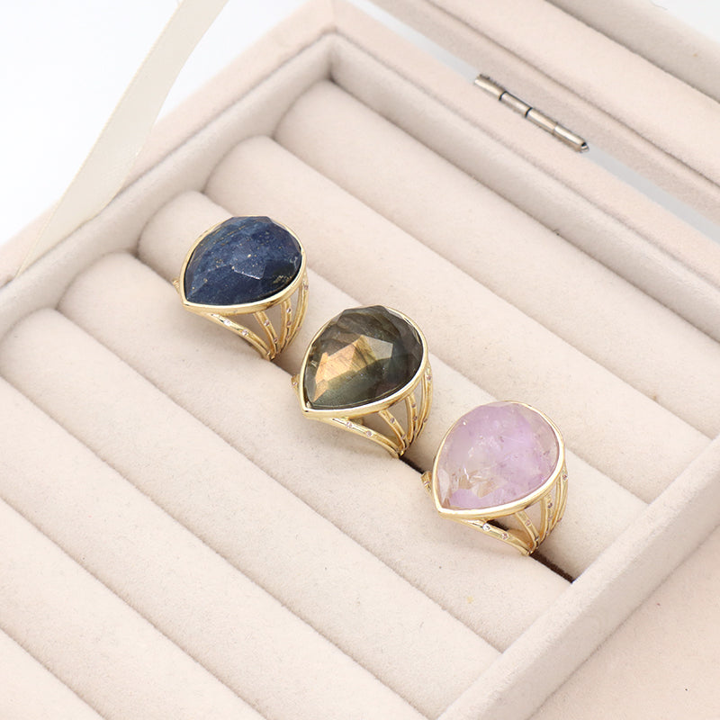 Adjustable Opening Gemstone Finger Ring Customized Wholesale Fashion Gift Gold Plated Water Drop Natural Stone Ring For Women