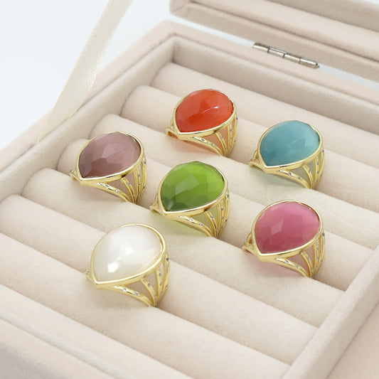 Wholesale Custom Fashion Colorful Finger Ring Jewelry Gift Women Adjustable Gold Plated Opening Gemstone Natural Real Stone Ring