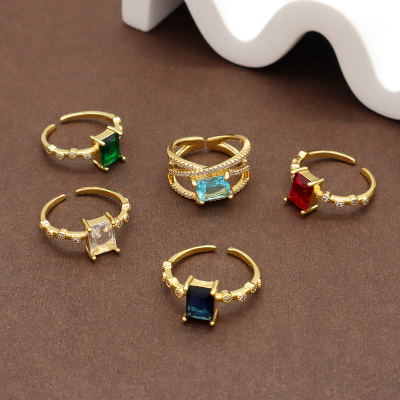 Adjustable Opening Finger Ring Wholesale Customized Jewelry Gold Plated Red Blue Green Glass Crystal Ring For Women Gift