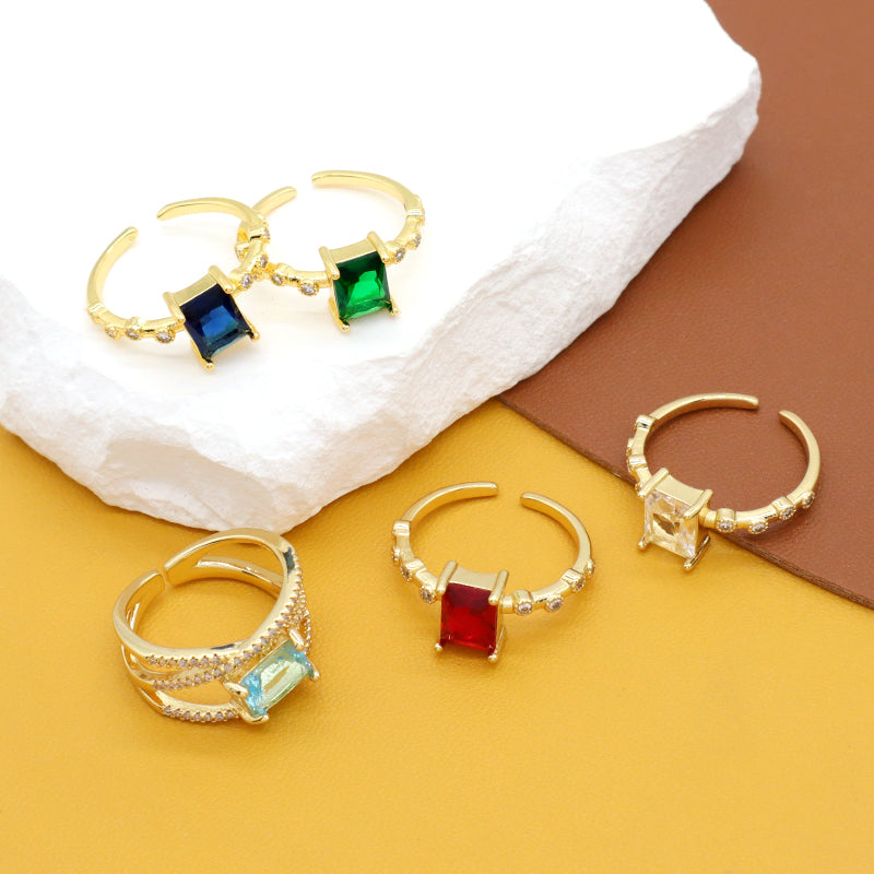 Adjustable Opening Finger Ring Wholesale Customized Jewelry Gold Plated Red Blue Green Glass Crystal Ring For Women Gift