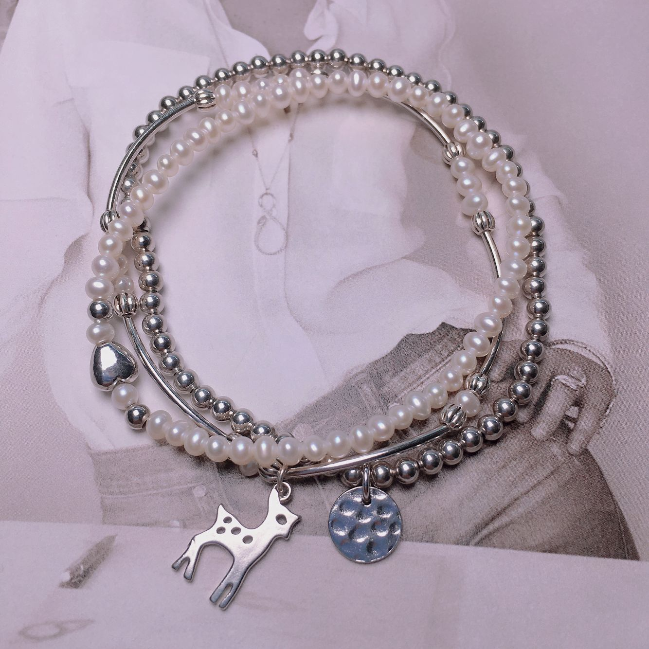 women fresh water natural pearl 925 silver charms elastic beads bracelet