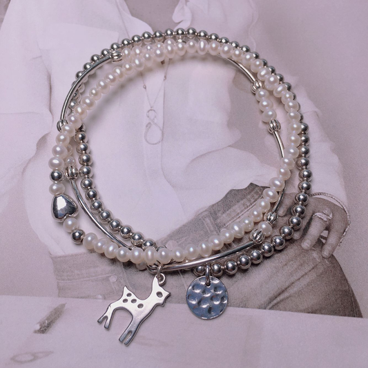 Women Fresh Water Natural Pearl 925 Silver Charms Elastic Beads Bracelet