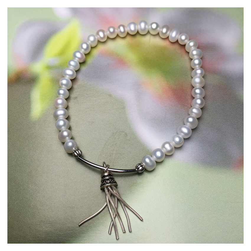4A high quality fresh water pearl bracelet 925 silver charm bracelet with 4mm pearl bead tassel charm bracelet