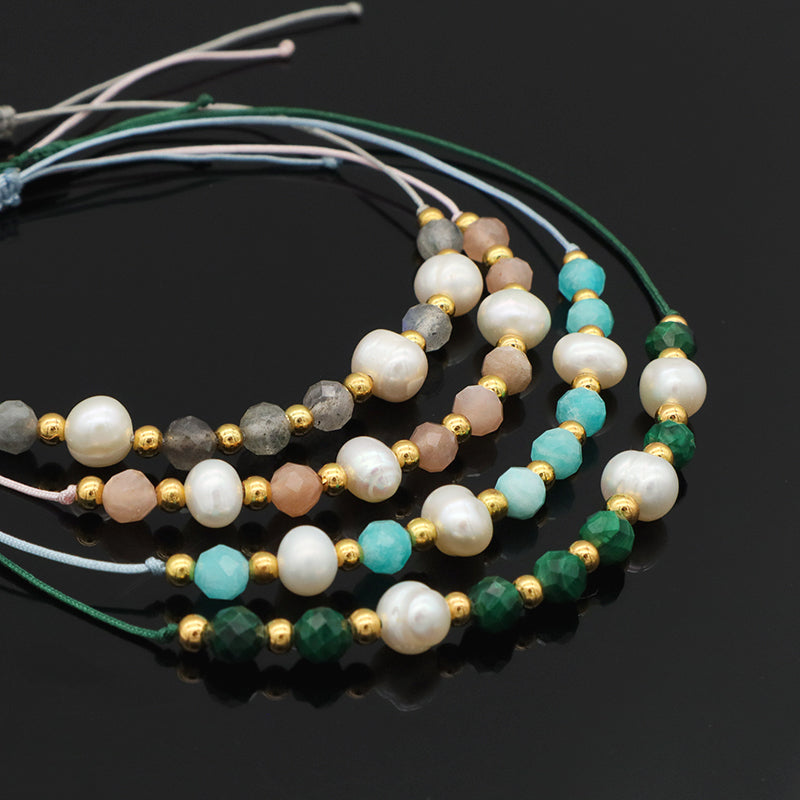 2022 fashion 925 sterling silver beads mix natural stone fresh water pearl Bracelet adjustable String beads bracelet