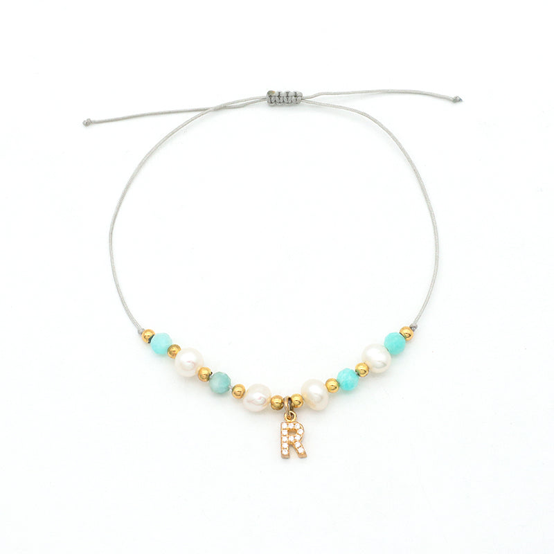 Handmade fresh water pearl String Bracelet Gold Plated 925 sterling silver letter charm Bead Jewelry stone woven bracelet
