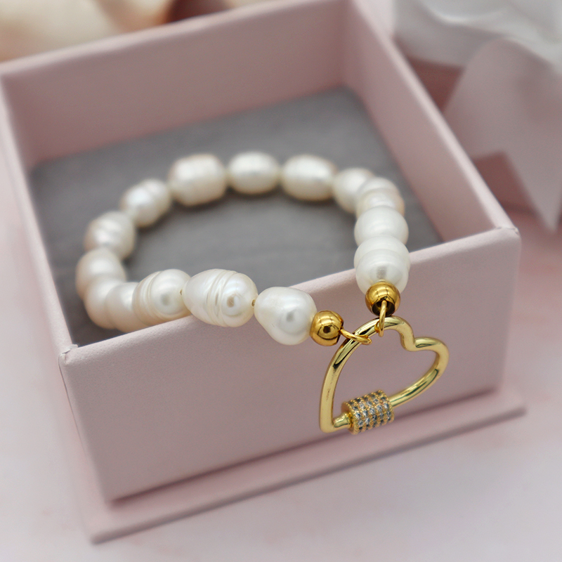 Heart shaped brass charm fresh water pearl jewelry bracelet trendy fro woman jewelry