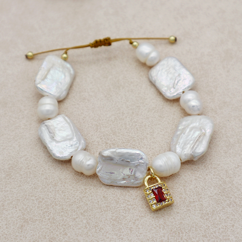 summer collection white fresh water pearl with gold plated brass and CZ lock charm pendant bracelet