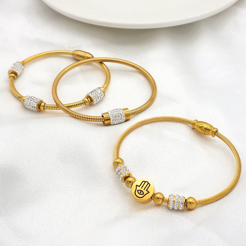 High quality 18K gold plated pave crystal charms stainless steel bangle bracelets