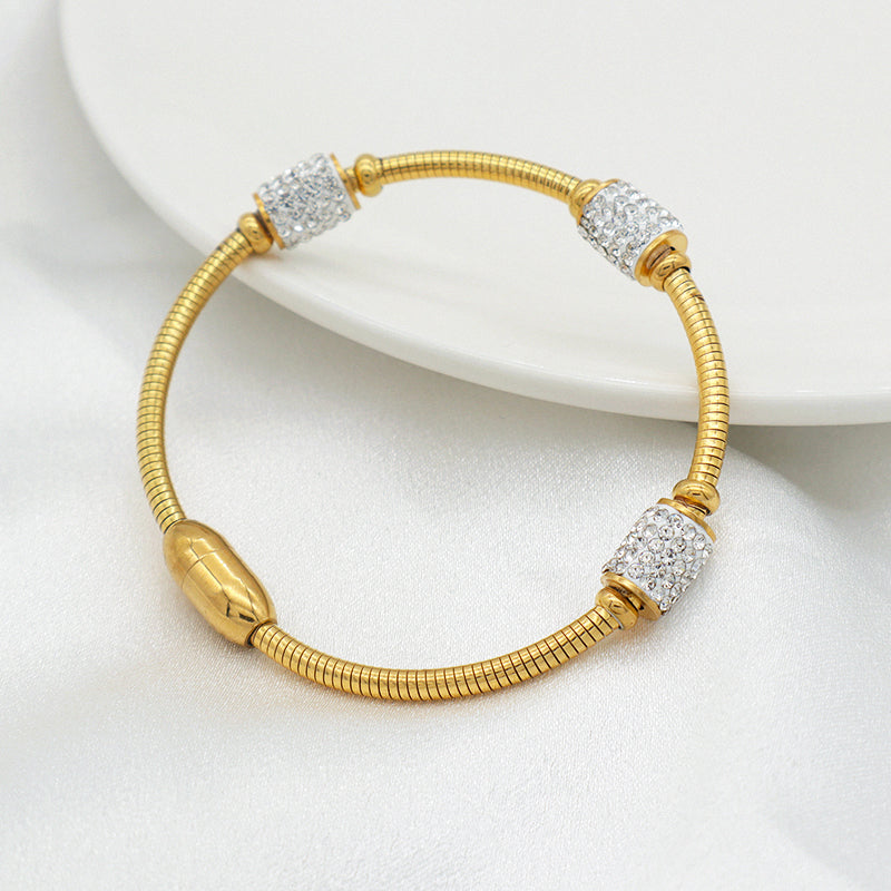 High quality 18K gold plated pave crystal charms stainless steel bangle bracelets