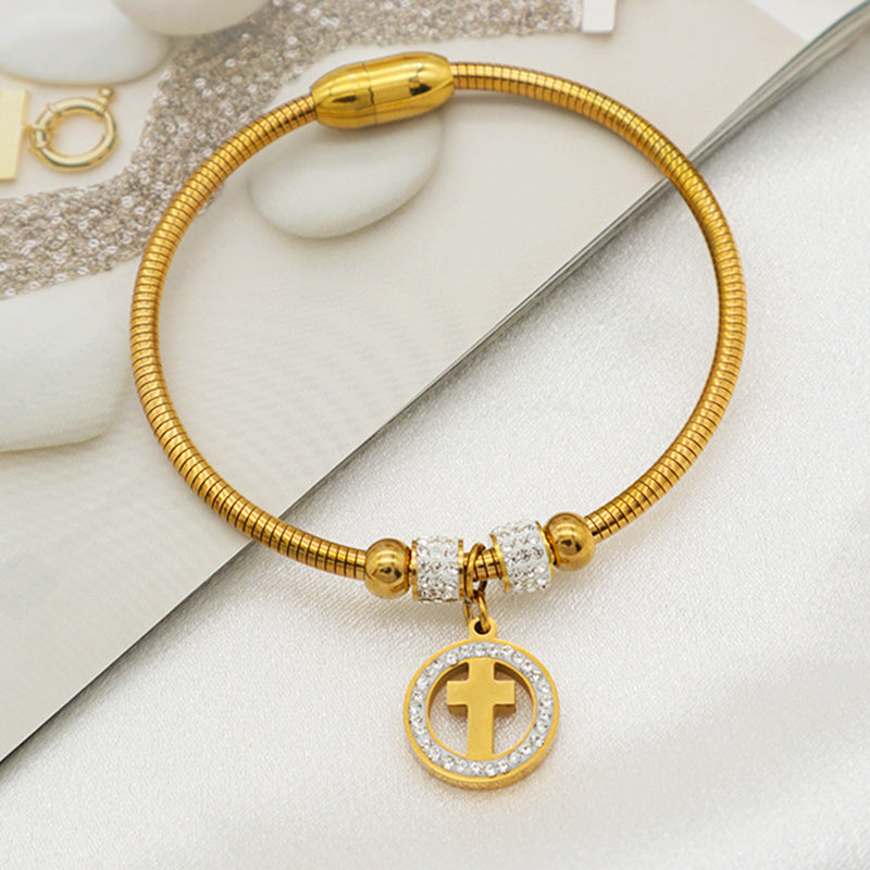 Wholesale Good Quality Custom 18K Gold plated Crystal Heart Butterfly Cross Family Tree charm stainless steel inspiration bangle