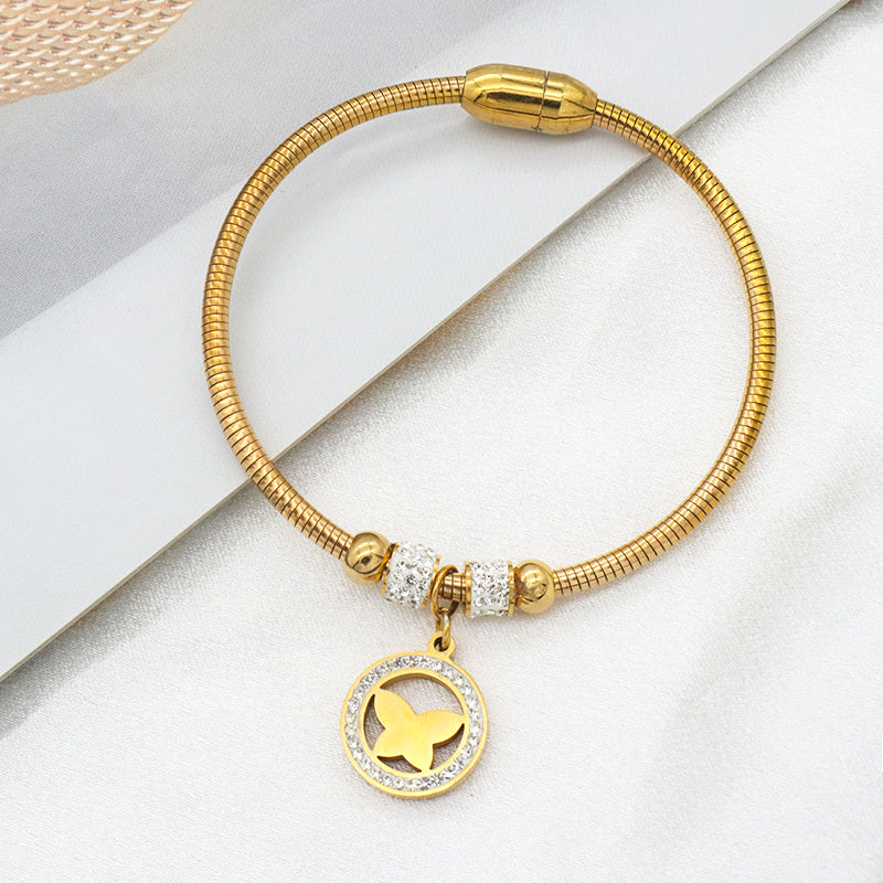 Wholesale Good Quality Custom 18K Gold plated Crystal Heart Butterfly Cross Family Tree charm stainless steel inspiration bangle
