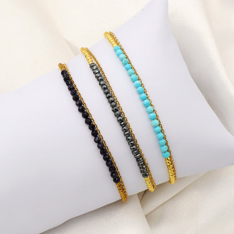 Handmade OEM Factory Manufacture Double Layer beaded bracelet jewelry Gold Plated Stainless steel chain natural stone beads bracelet for teen girl women