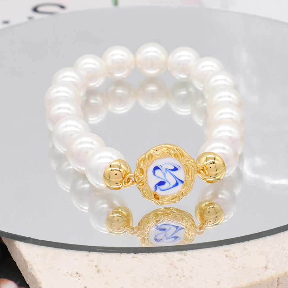 Factory Manufacture Customized Wholesale Women Jewelry OEM Gold Plated Enamel Charm elastic Handmade Pearl Beads bracelet