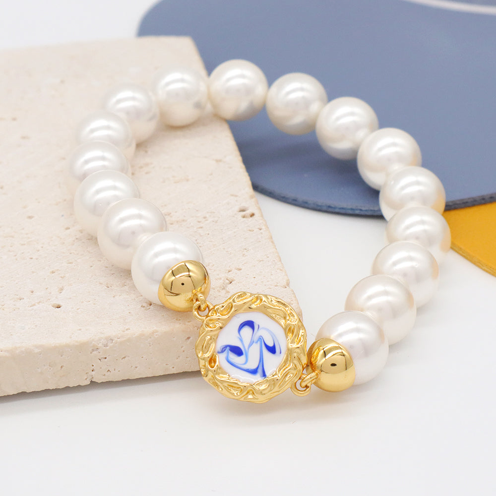Factory Manufacture Customized Wholesale Women Jewelry OEM Gold Plated Enamel Charm elastic Handmade Pearl Beads bracelet