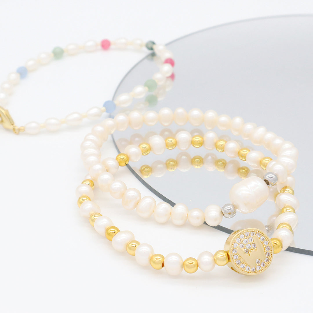 Customized Women Cross Initial Letter Charm Bracelets Handmade natural fresh water pearl beaded bracelet odm jewelry custom