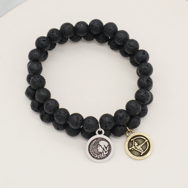 Customized Wholesale Manufacture OEM Handmade 8mm Natural Stone Beads Gold Plated Sagittarius Charm Black Lava Stone Bracelet