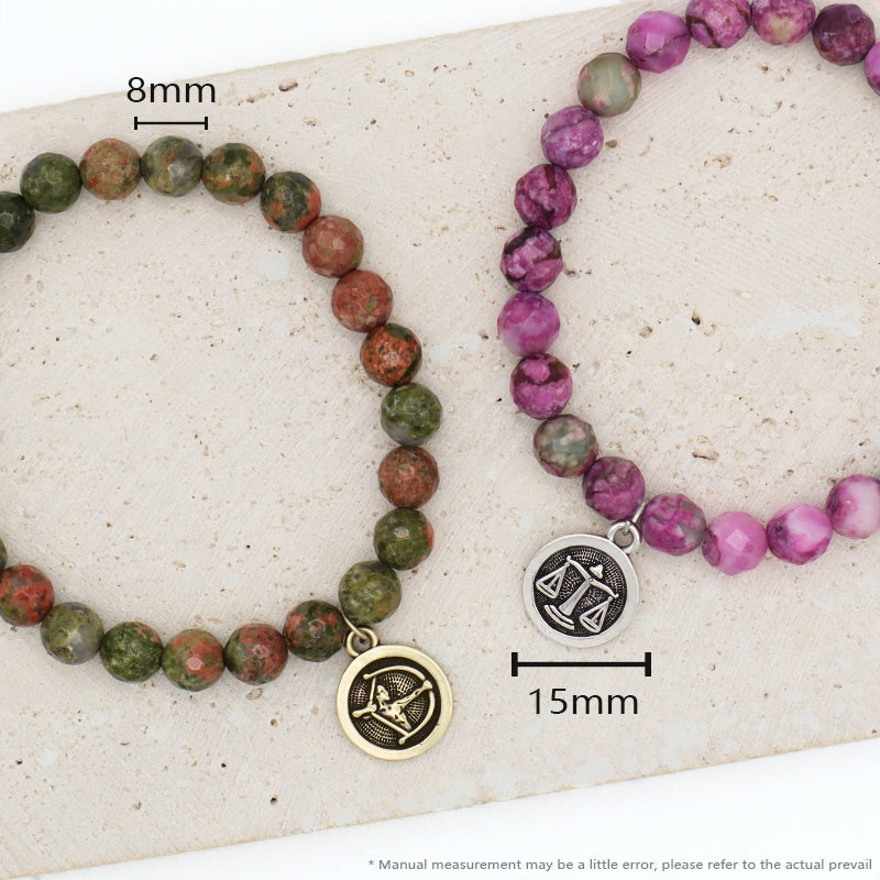 Gold Plated Sagittarius Libra Charm Custom Wholesale OEM Handmade 8mm Faceted Purple Stone Unakite Natural Stone Beads Bracelet