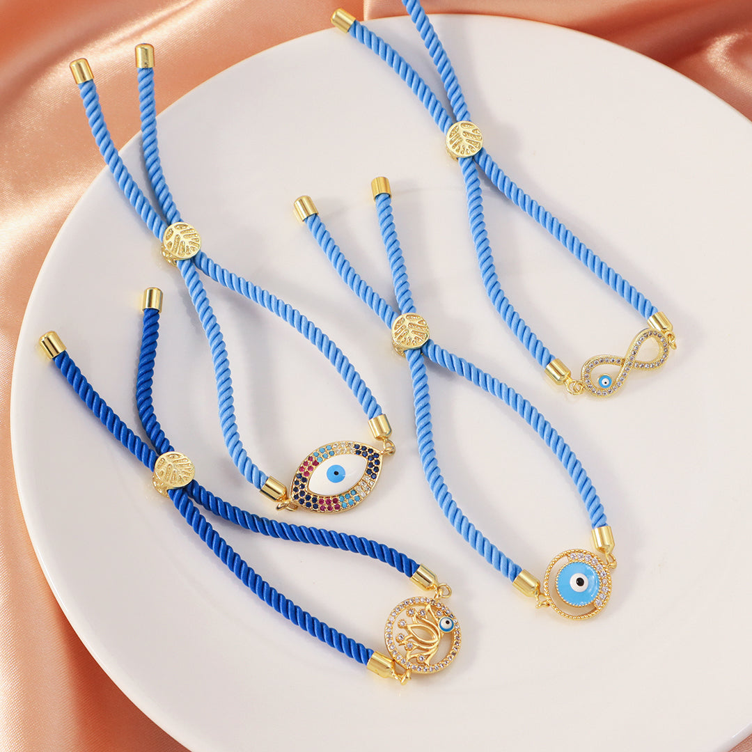 Wholesale Custom Factory Letter 8 Lotus Eyes Rainbow CZ Charm Blue Ajustable Rope Gold Plated Enamel Turkish evil eyes bracelet