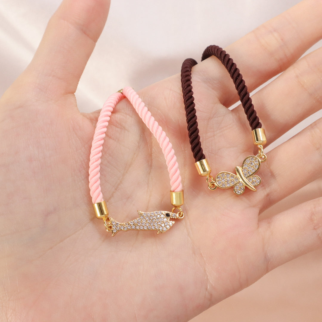 Manufacture OEM Factory Wholesale Custom Pink Ajustable Rope CZ Gold Plated Shark Butterfly Charm Bracelet for women Girl