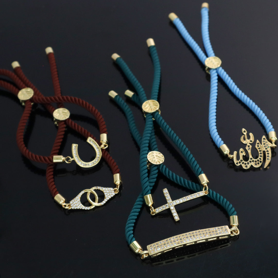 Women Custom China Factory Wholesale Manufacture OEM Rectangle U shape Cross Charm Ajustable Rope Gold Plated CZ Cross bracelet