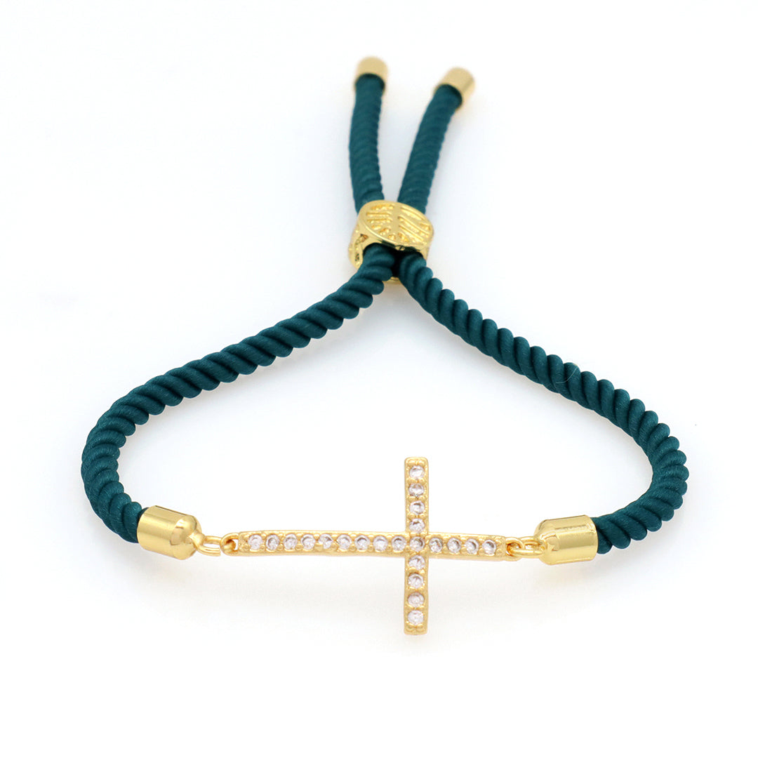 Women Custom China Factory Wholesale Manufacture OEM Rectangle U shape Cross Charm Ajustable Rope Gold Plated CZ Cross bracelet