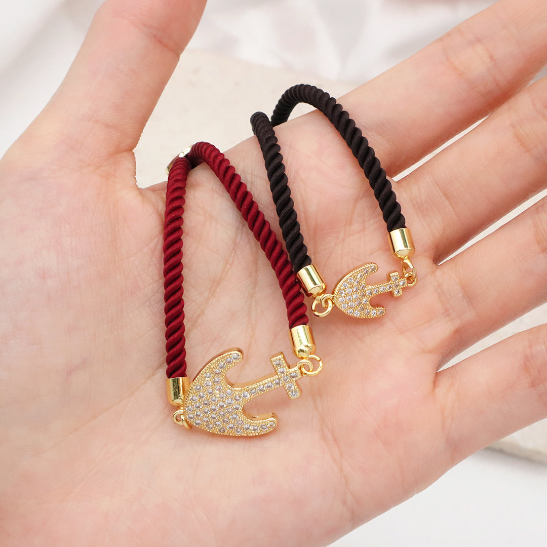 Ajustable Red Black Rope Manufacture OEM China Factory Wholesale Custom CZ Gold Plated anchor Charm Bracelet for Women Gift
