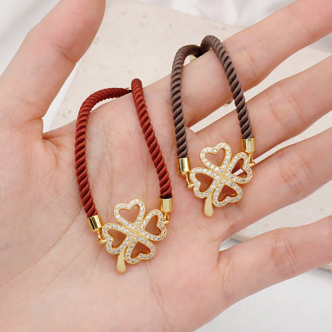 Manufacture Factory Wholesale Custom Ajustable Rope Lucky Charm Jewelry CZ Gold Plated Lucky Ladies Four Leaf clover bracelet
