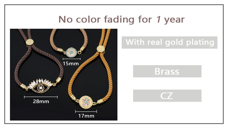 Wholesale OEM Custom Factory Women Gift Ajustable Rope Gold Plated Rainbow CZ Round Blue Black Turkish evil eyes Charm bracelet