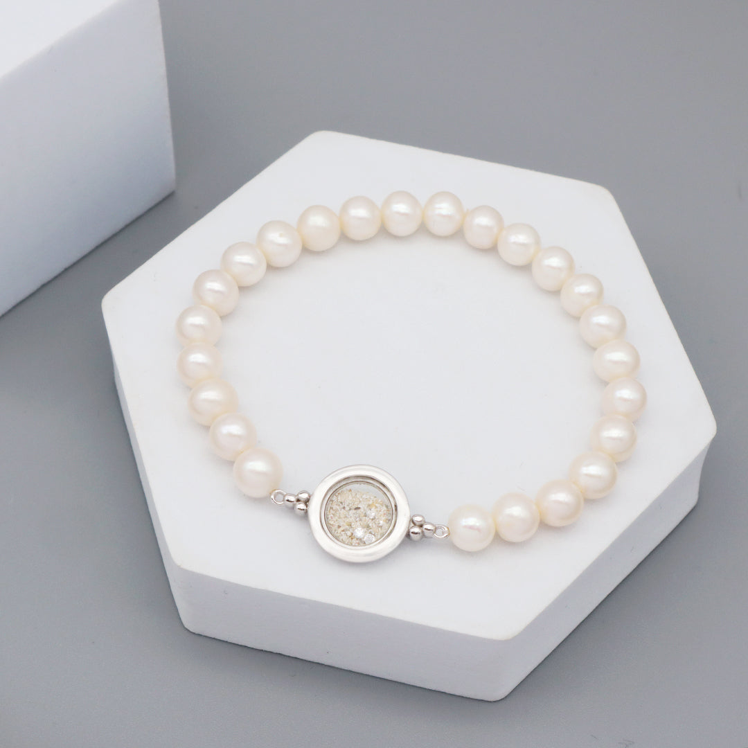 Wholesale Manufacture China Factory Custom Glass Mirror Sand CZ Round 925 Sterling Silver Charm Fresh Water Pearl Beads Bracelet
