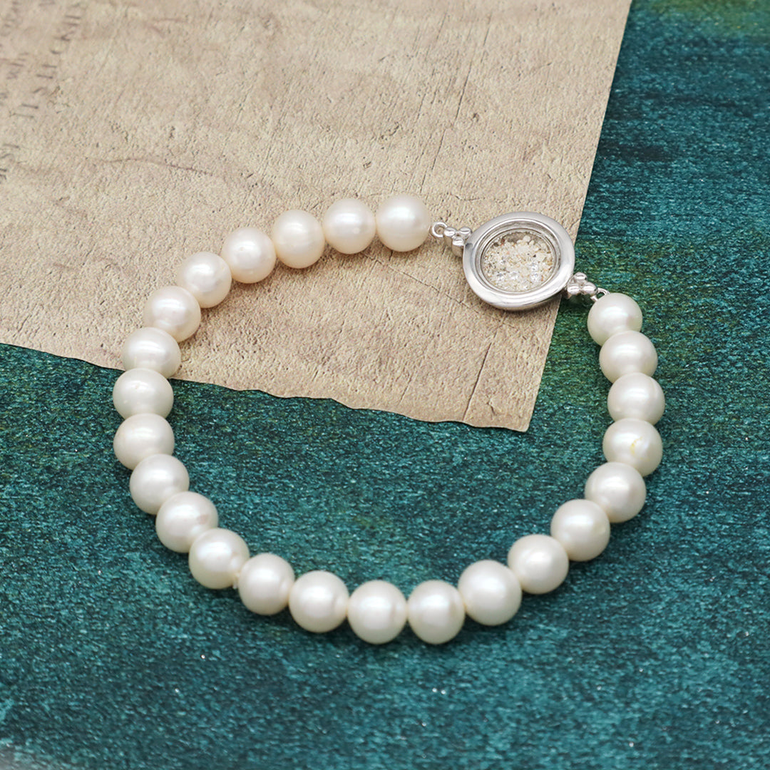 Wholesale Manufacture China Factory Custom Glass Mirror Sand CZ Round 925 Sterling Silver Charm Fresh Water Pearl Beads Bracelet