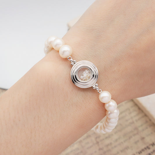 Newest Fashion China Factory Wholesale Manufacture Customized CZ Round Glass Mirror Sand 925 Sterling Silver Charm Fresh Water Pearl Beads Bracelet For Women Gift