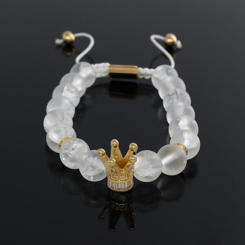 New Design Vintage Custom Stainless Steel Logo Gemstone CZ Crown Charm Healing Natural Agate Bead Macrame Bracelet For Women Men