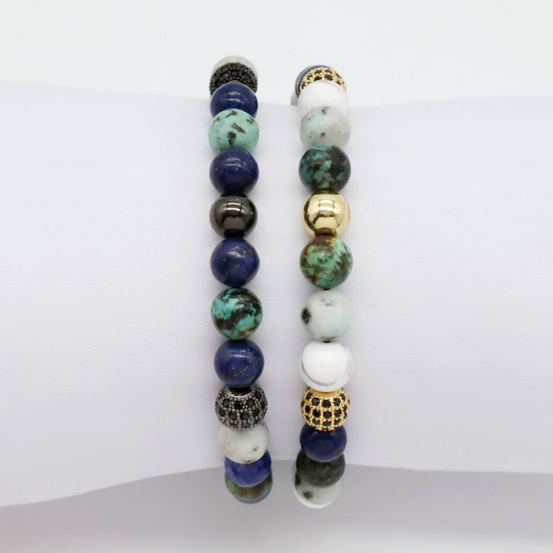OEM Custom Stainless Steel Logo Mix Color 8mm Natural Stone Beads CZ Jewelry Ajustable Handmade Woven Men Women Macrame Bracelet