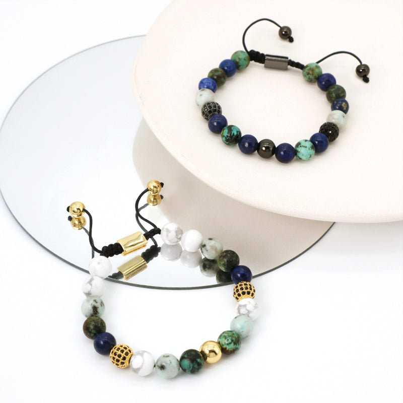 OEM Custom Stainless Steel Logo Mix Color 8mm Natural Stone Beads CZ Jewelry Ajustable Handmade Woven Men Women Macrame Bracelet