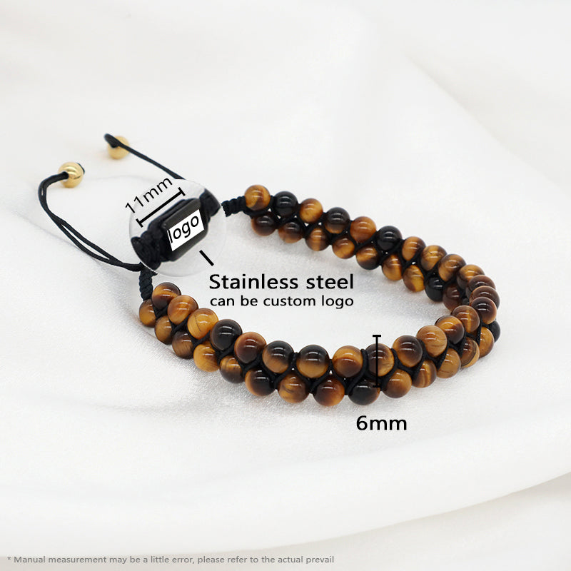 Custom Stainless Steel Logo Handmade Woven Cord 6mm Natural Colorful Jade Gemstone Double Layer Macrame mens tiger eyes Bracelet