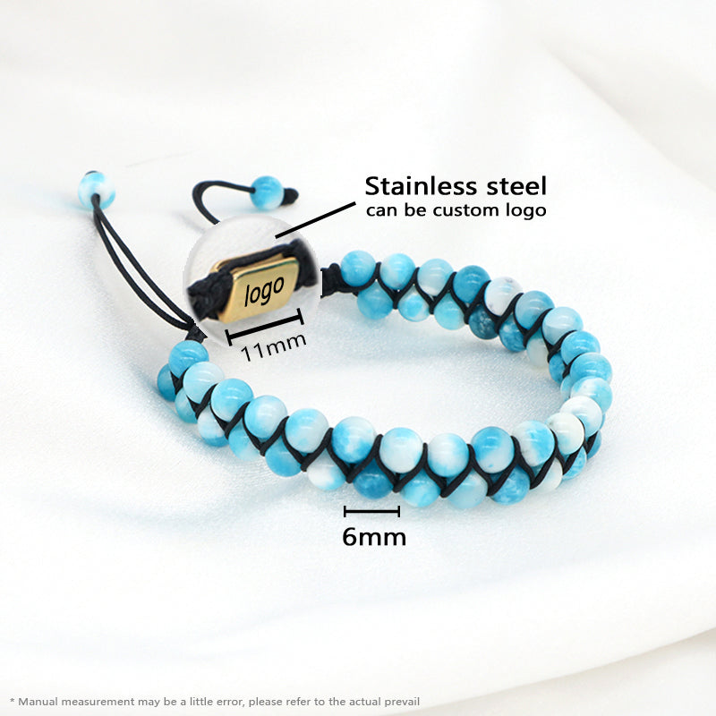 Custom Mens Women Stainless Steel Logo Handmade Woven Double Layer Macrame 6mm Colorful Jade Natural Lapis Turquoise Bracelet