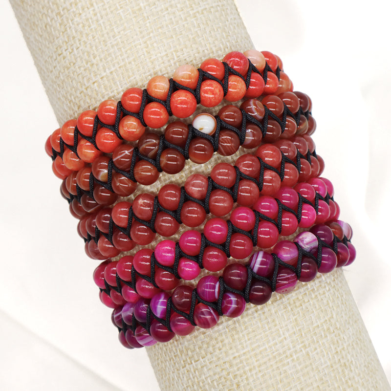 Handmade Customized Stainless Steel Logo Woven Double Layer 6mm Natural Striped Fire agate Beads Macrame Bracelet For Mens Women