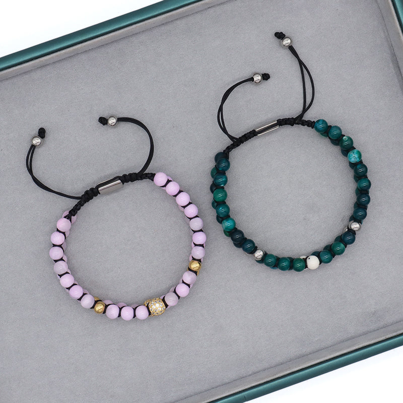 New Fashion Micro CZ Pave Ball Men Women Jewelry 6mm Colorful Jade Beads Custom Stainless Steel Logo Macrame Adjustable Bracelet