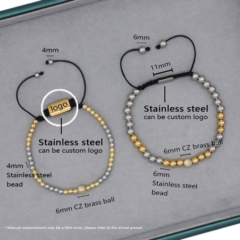 Wholesale Custom Ajustable Braided Cord CZ 4mm 6mm Gold Plated Handmade Stainless Steel Beaded Macrame Bracelet For Men Women