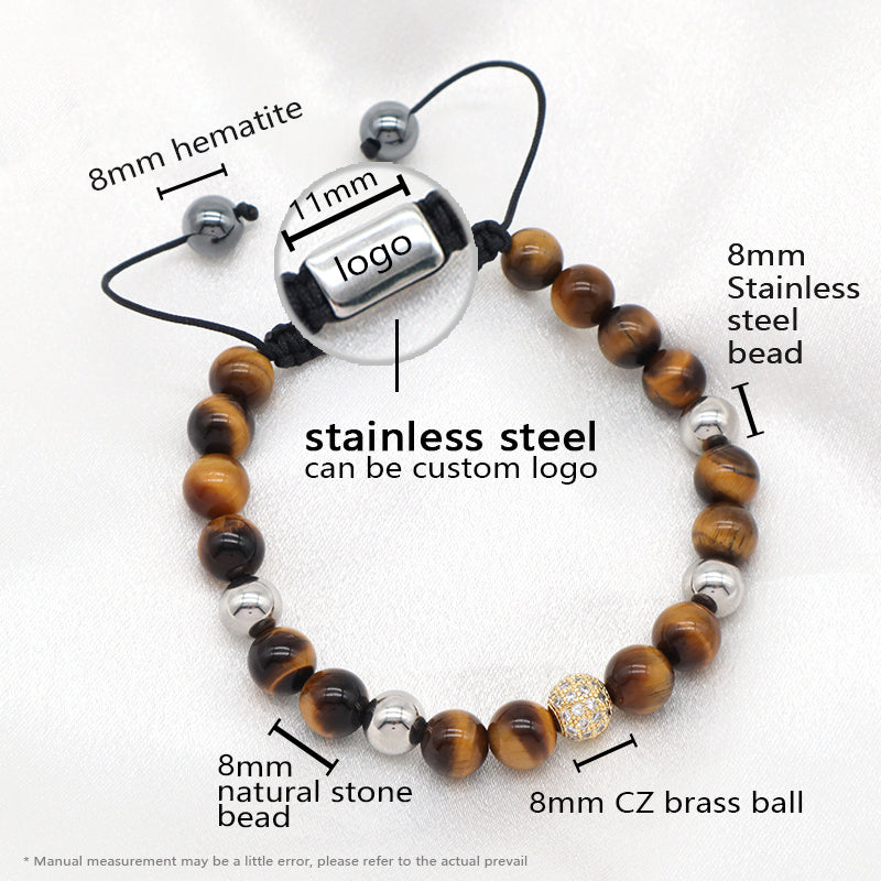 Custom Stainless Steel Logo CZ Beads Hand Woven Cord Macrame Jewelry Braided 8mm Natural Stone Hematite Tiger Eyes Bead Bracelet