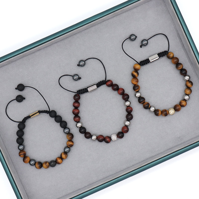 Custom Stainless Steel Logo CZ Beads Hand Woven Cord Macrame Jewelry Braided 8mm Natural Stone Hematite Tiger Eyes Bead Bracelet